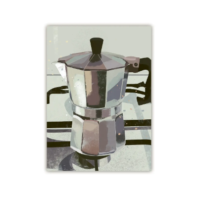 Mokkakanne aus Metall mit schwarzem Griff steht auf Herdplatte