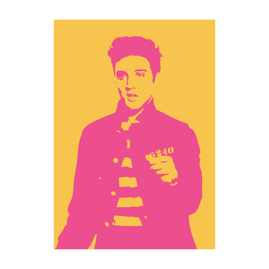 Elvis Presley Motiv in knalligem Neon-Pink auf gelbem Hintergrund