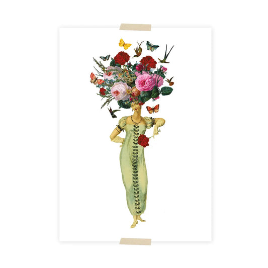 Figur mit grünem, langem Kleid, deren Kopf durch einen großen Blumenstrauß mit verschiedenen Blumen und Schmetterlingen ersetzt ist.