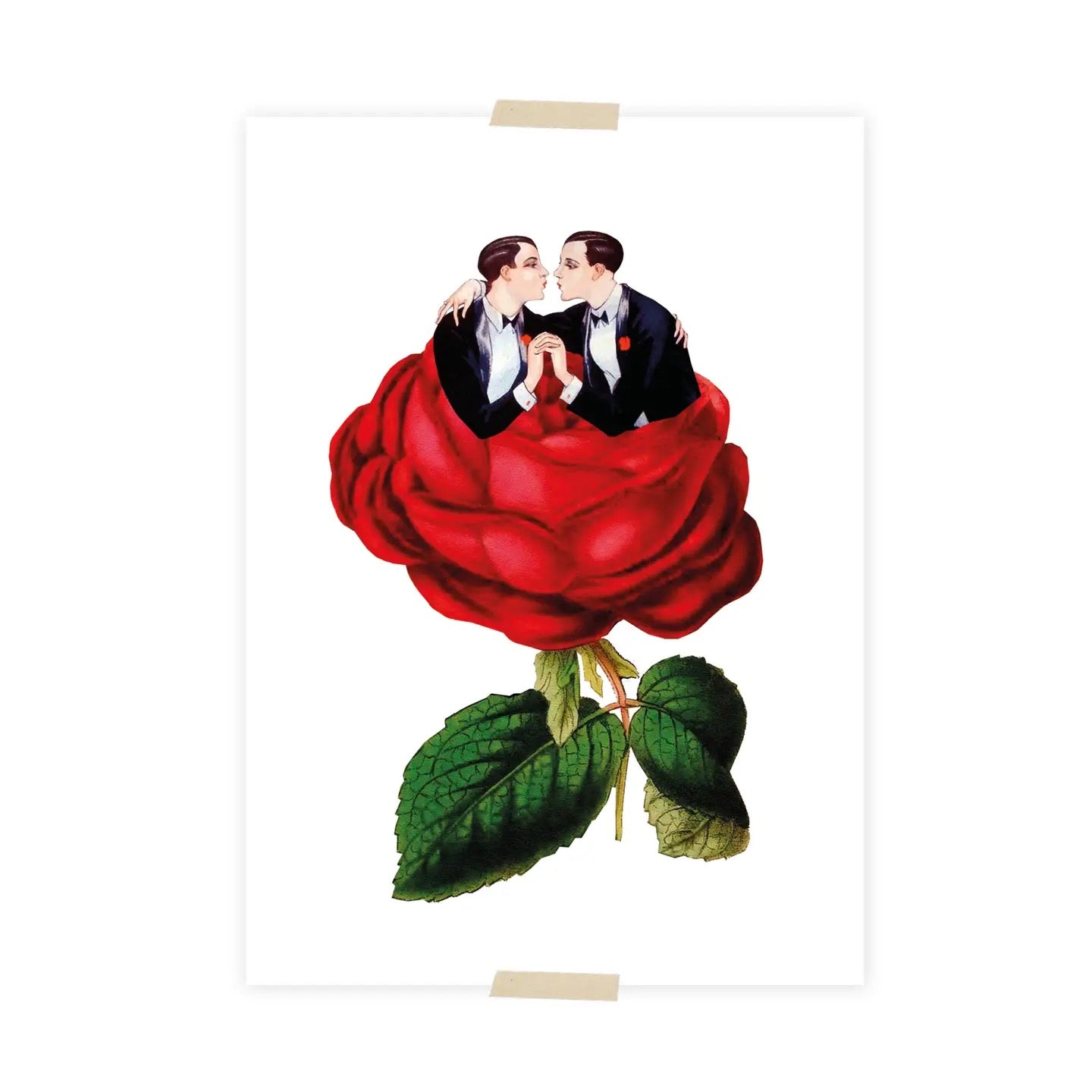 Zwei Männer in schwarzen Anzügen umarmen sich und sitzen in der Mitte einer großen roten Rose mit grünen Blättern.