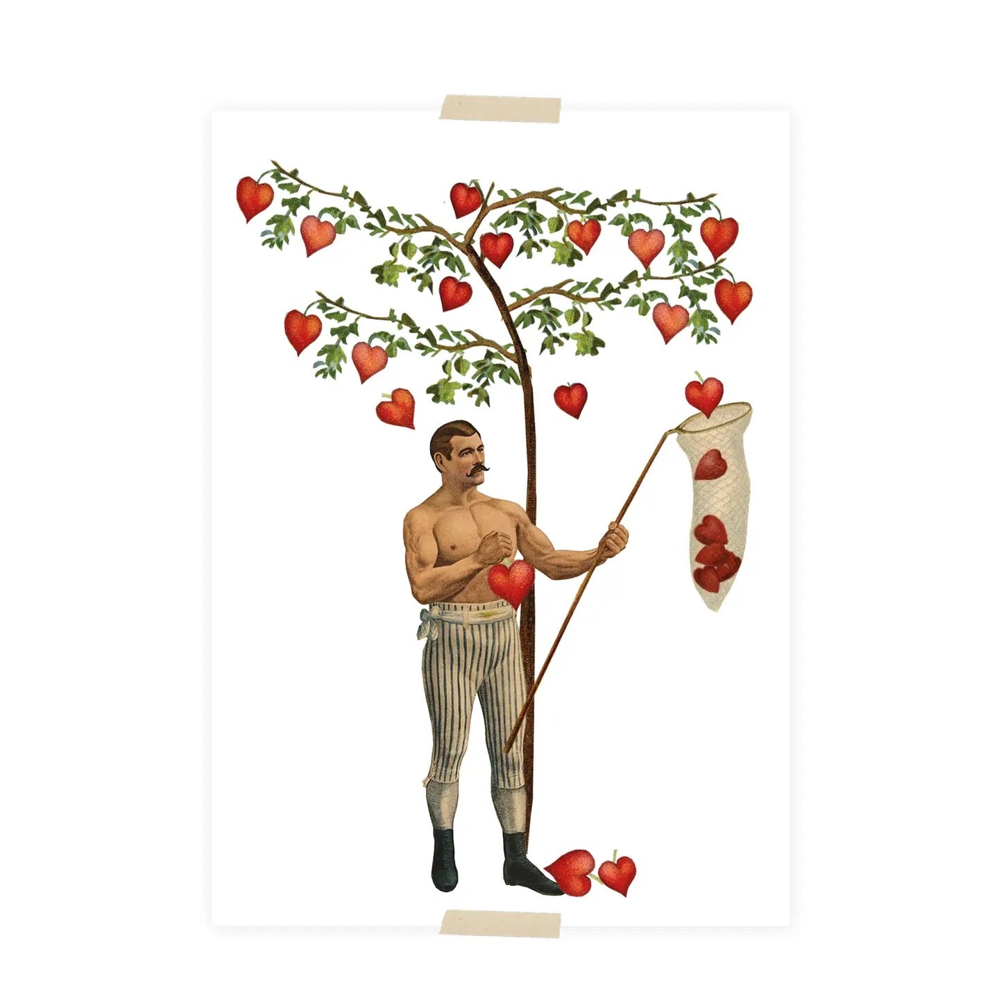 Ein muskulöser, oberkörperfreier Mann in gestreifter Hose steht unter einem Baum mit herzförmigen Früchten und hält eine Stange mit einem Netz, in dem mehrere dieser Früchte hängen.