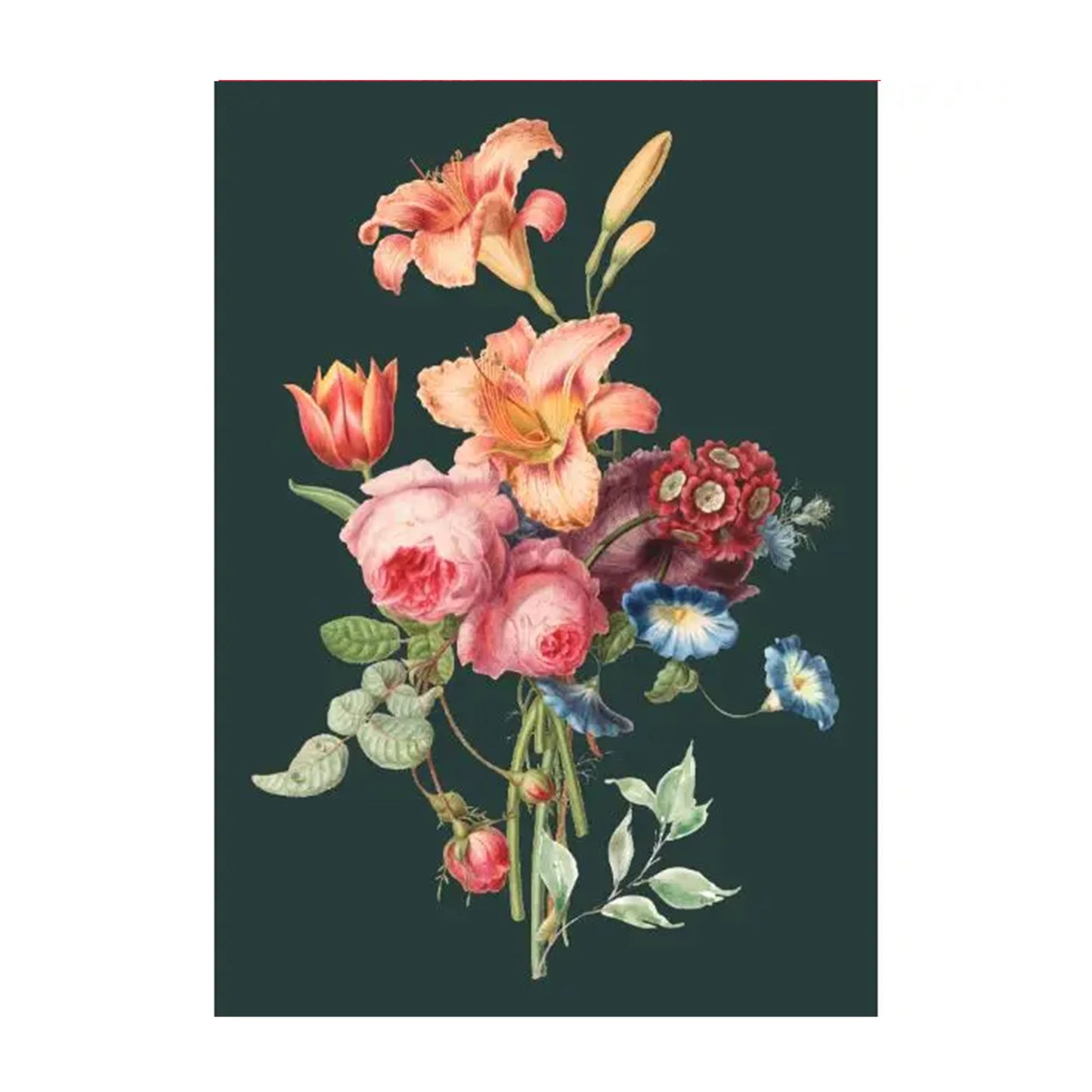 Bunte Blumenarrangement mit Lilien, Rosen, Tulpen und anderen Blumen auf dunklem Hintergrund.