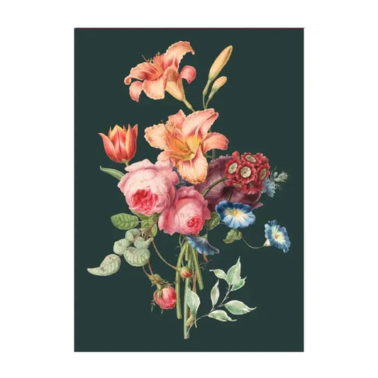Bunte Blumenarrangement mit Lilien, Rosen, Tulpen und anderen Blumen auf dunklem Hintergrund.