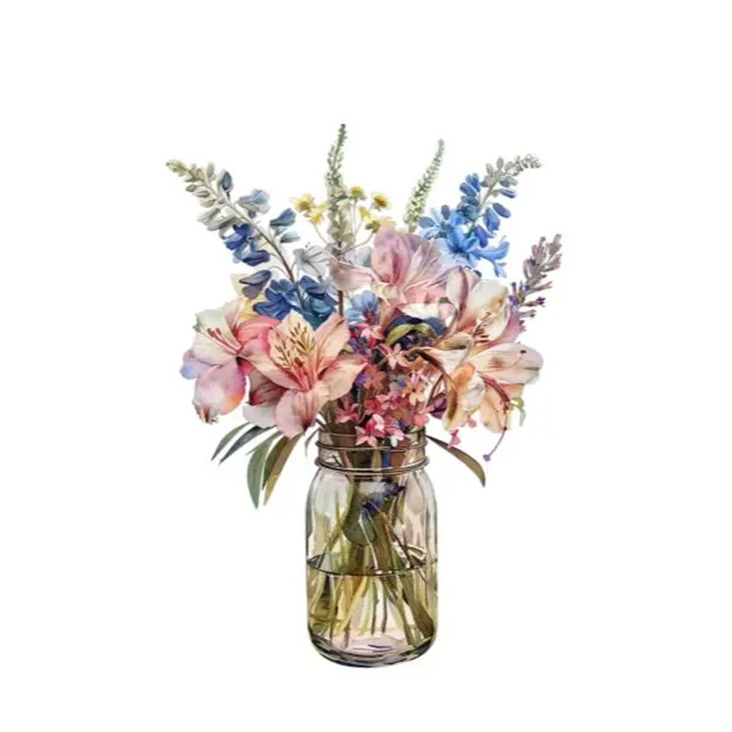 Ein Glasvase mit bunten Blumen, darunter Lilien, Lupinen und andere, in verschiedenen Farben wie Rosa und Blau.