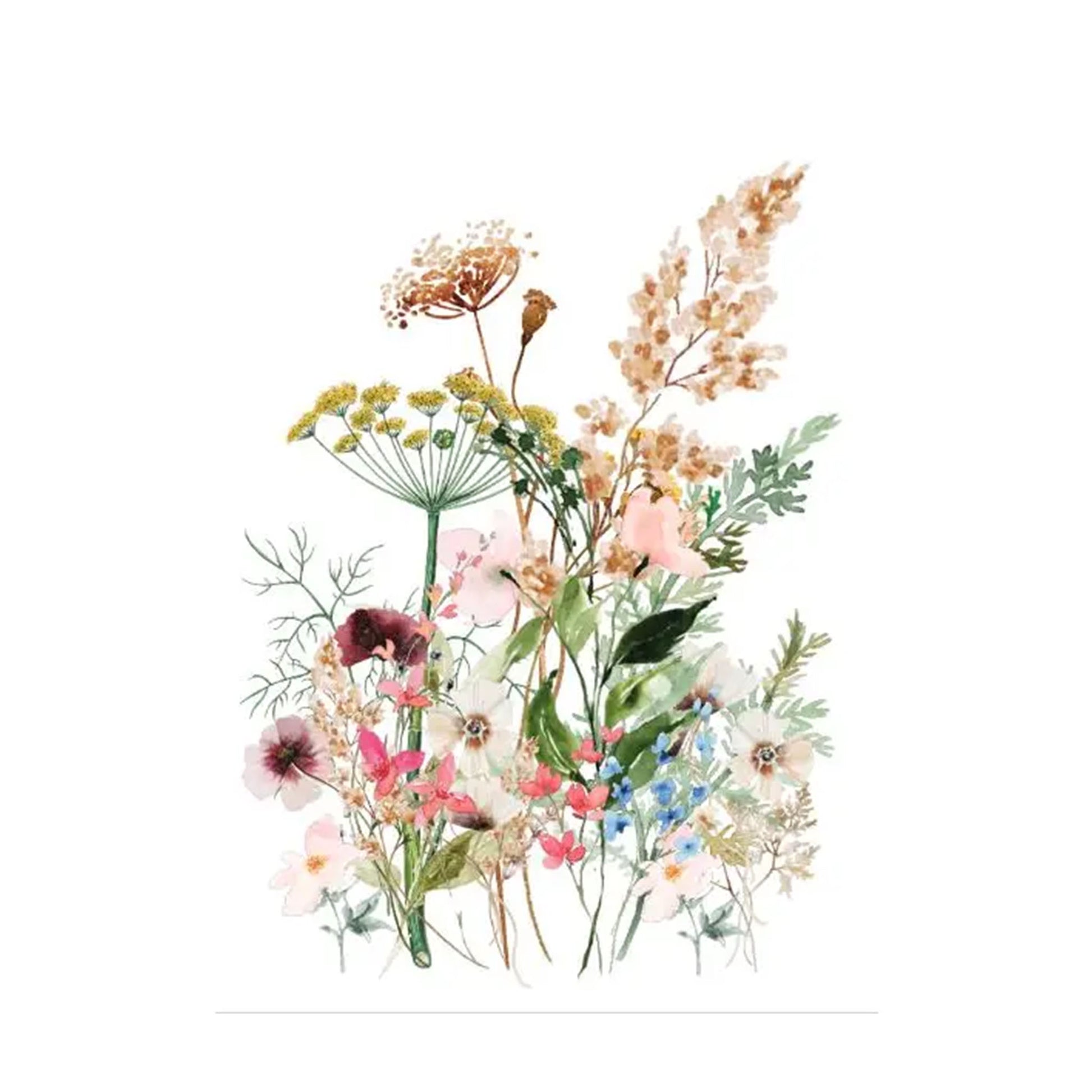 Bunte Blumenillustration mit verschiedenen Pflanzen, darunter weiße, rosa und lila Blüten sowie grüne Blätter.