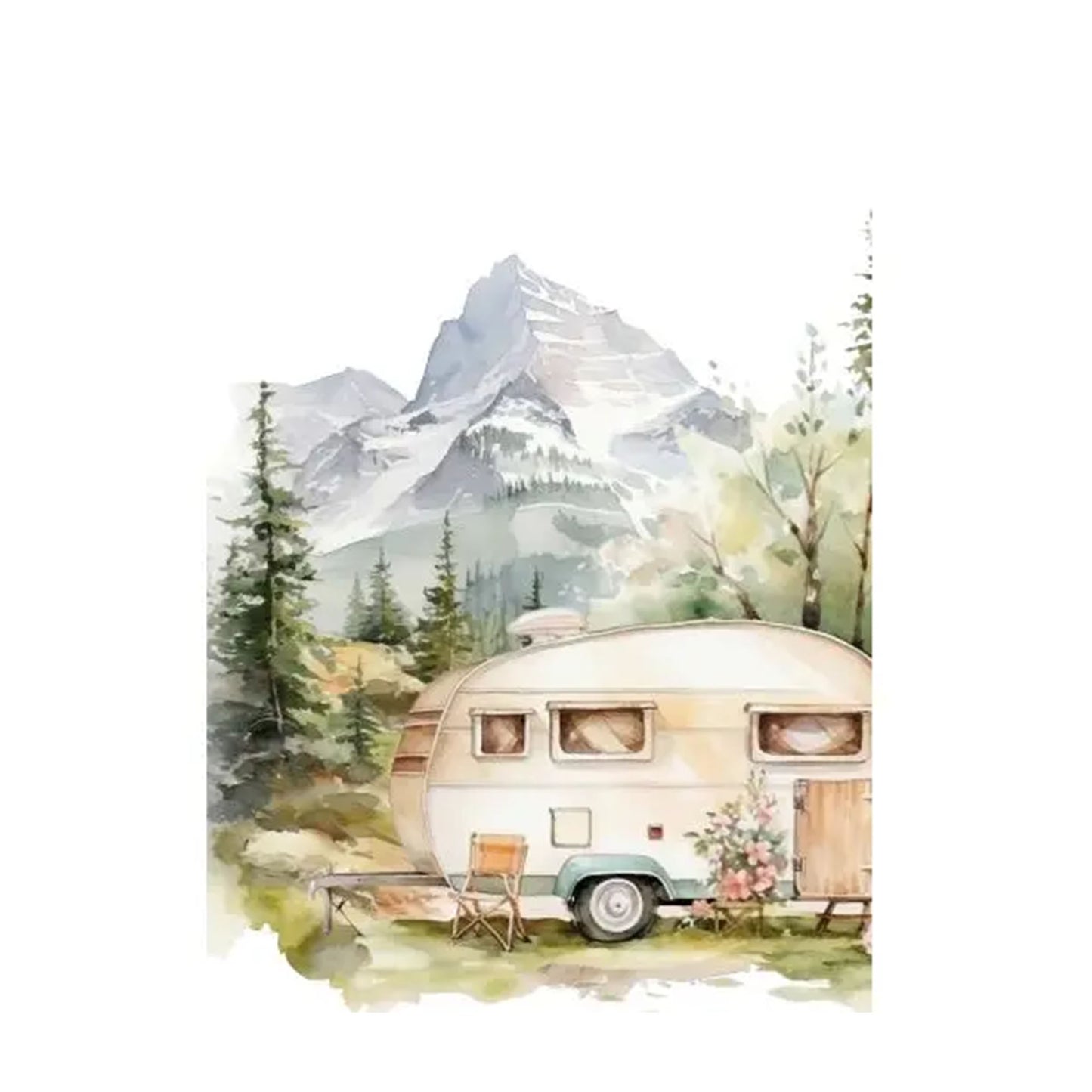 Eine verträumte Aquarell-Illustration eines hellen Retro-Wohnwagens, der auf einer grünen Wiese vor einer imposanten, schneebedeckten Bergkulisse parkt. Neben dem Camper stehen ein kleiner Klappstuhl und ein Pflanzkübel mit rosa Blumen, umgeben von einzelnen Tannen.