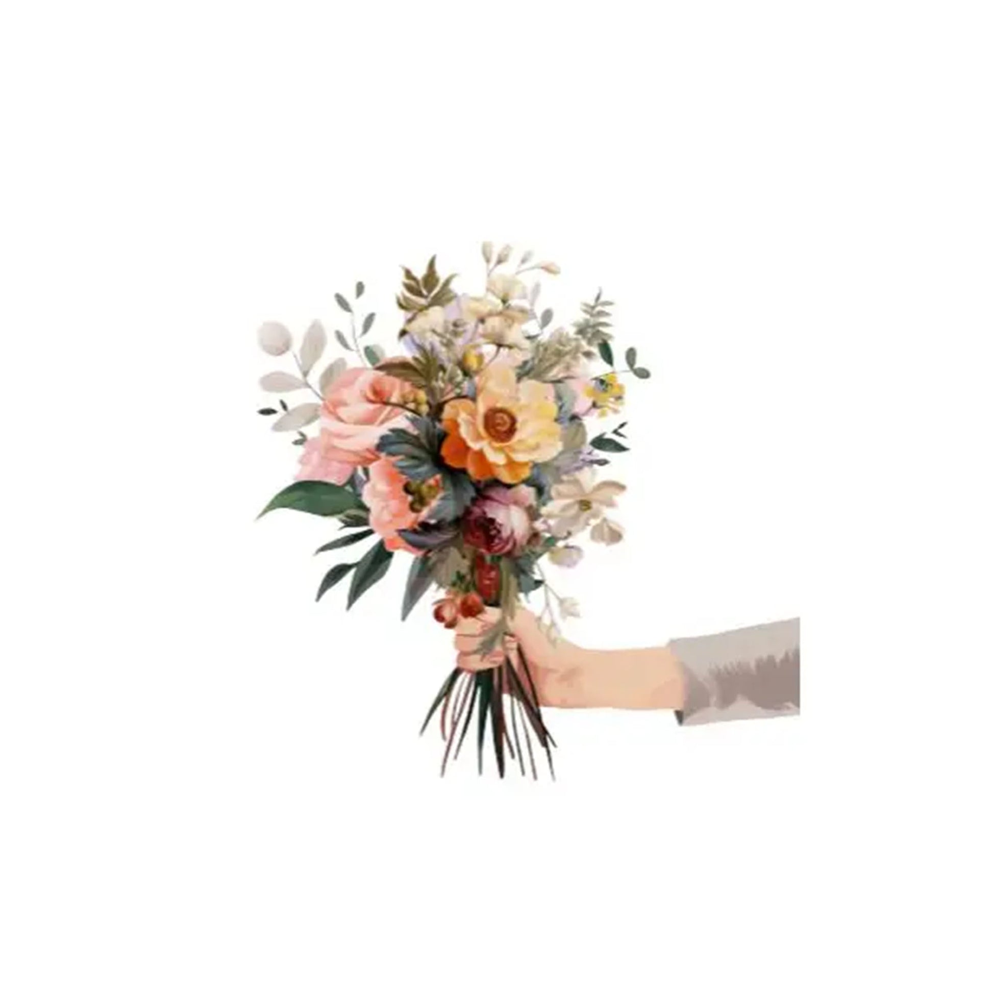 Ein freigestellter, farbenfroher Blumenstrauß im Aquarellstil auf weißem Hintergrund, der von einer Hand im rechten Bildrand gehalten wird. Der Strauß enthält eine große orangefarbene Blüte im Zentrum, ergänzt durch rosa Rosen, dunkelrote Knospen und filigrane, grüne Blätter.