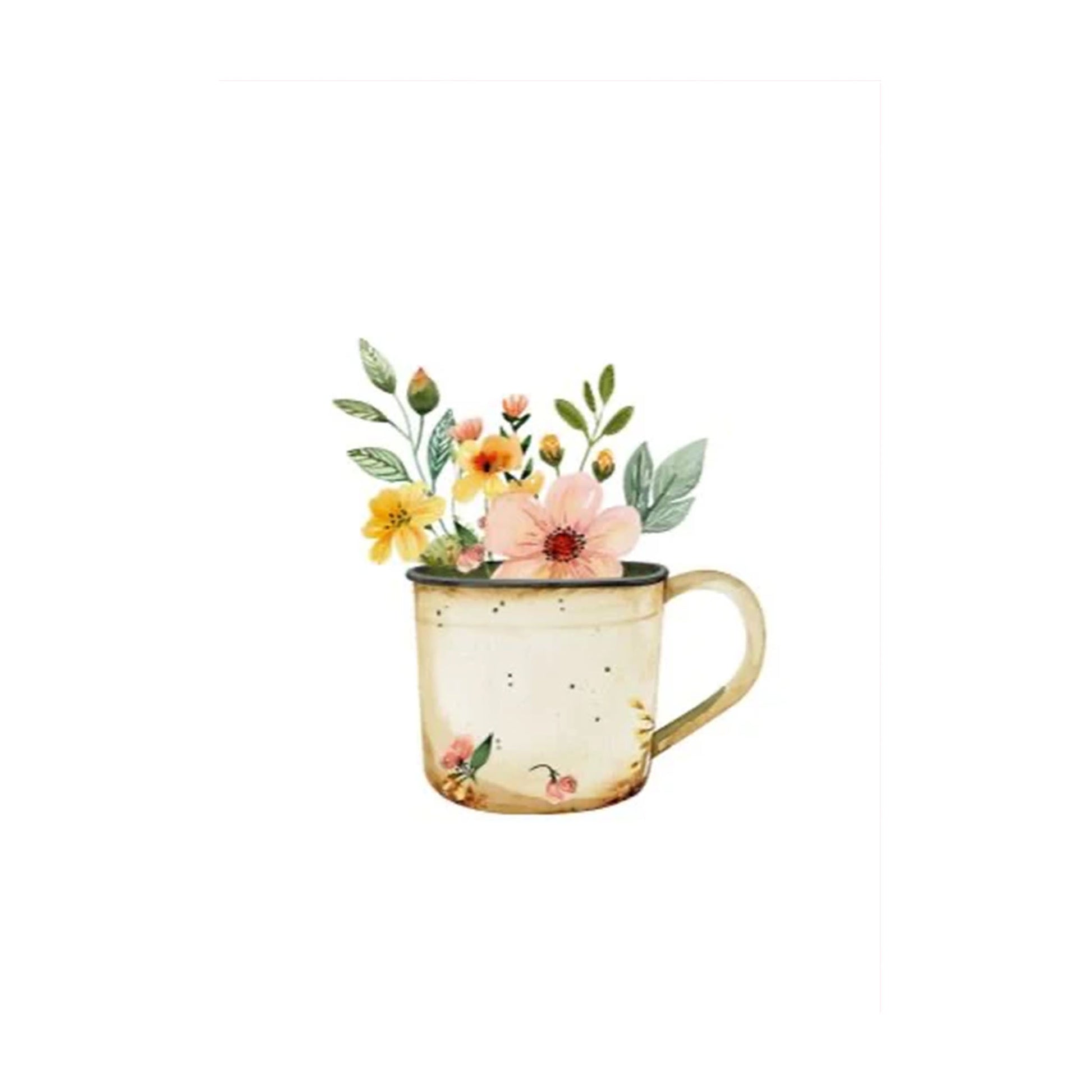 Beige Emaille-Tasse mit bunten Blumen und grünen Blättern