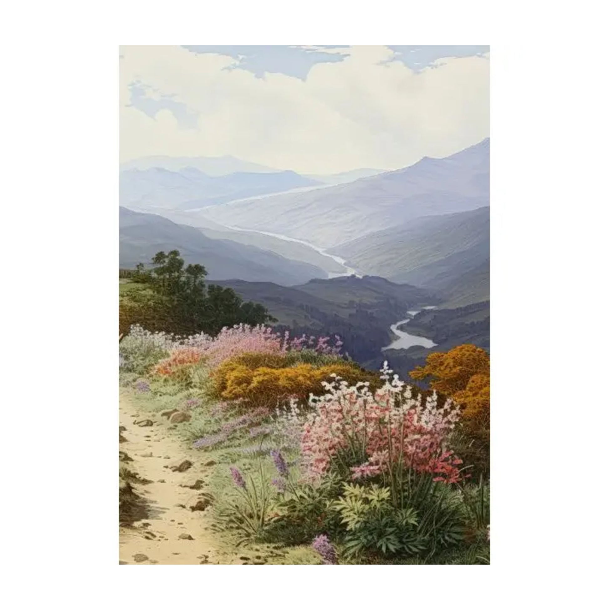 Landschaft mit einem Pfad, umgeben von bunten Blumen, die in rosa, lila und gelb blühen. Im Hintergrund erstreckt sich ein Tal mit einem Fluss und Bergen.