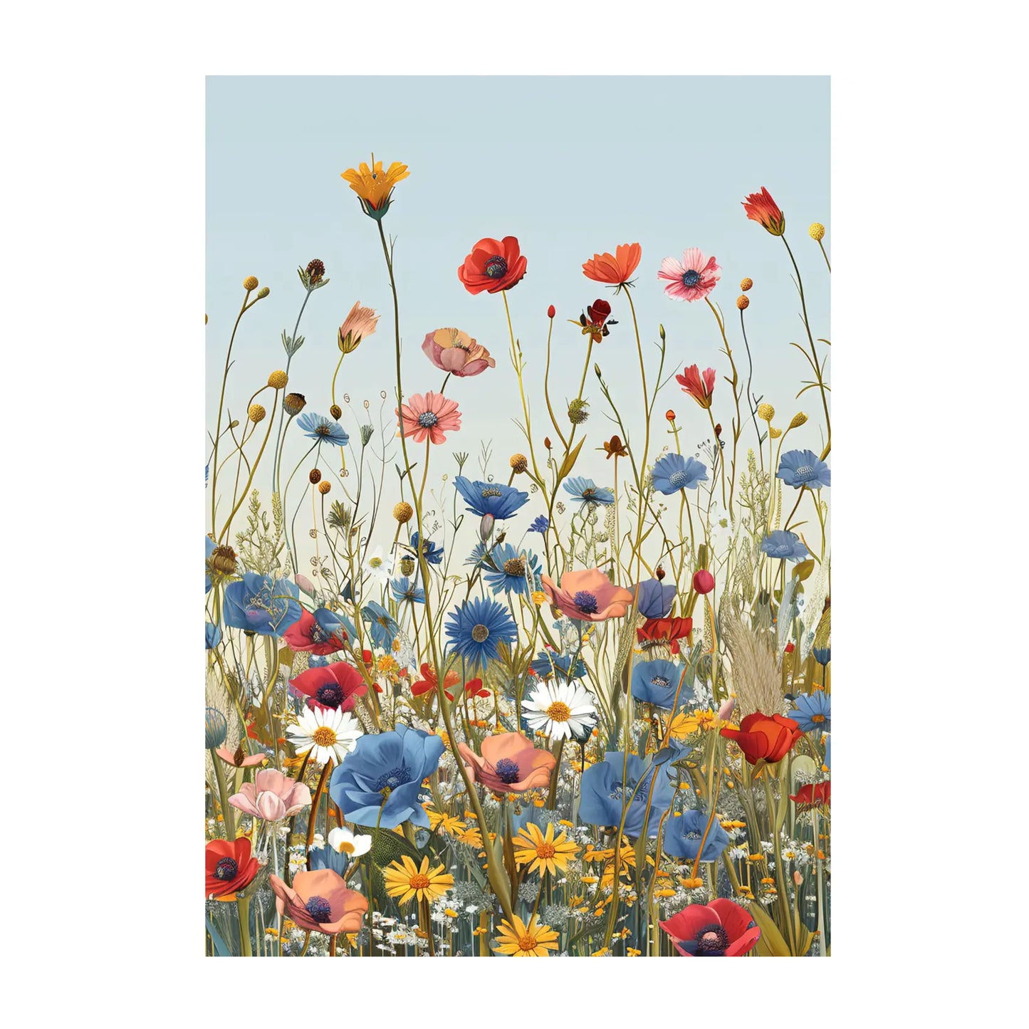 Eine farbenfrohe Wildblumenwiese im Grafikstil vor einem hellblauen, klaren Himmel. Die filigranen Stängel von roten Mohnblumen, blauen Kornblumen und gelben Margeriten ragen elegant in die Höhe.