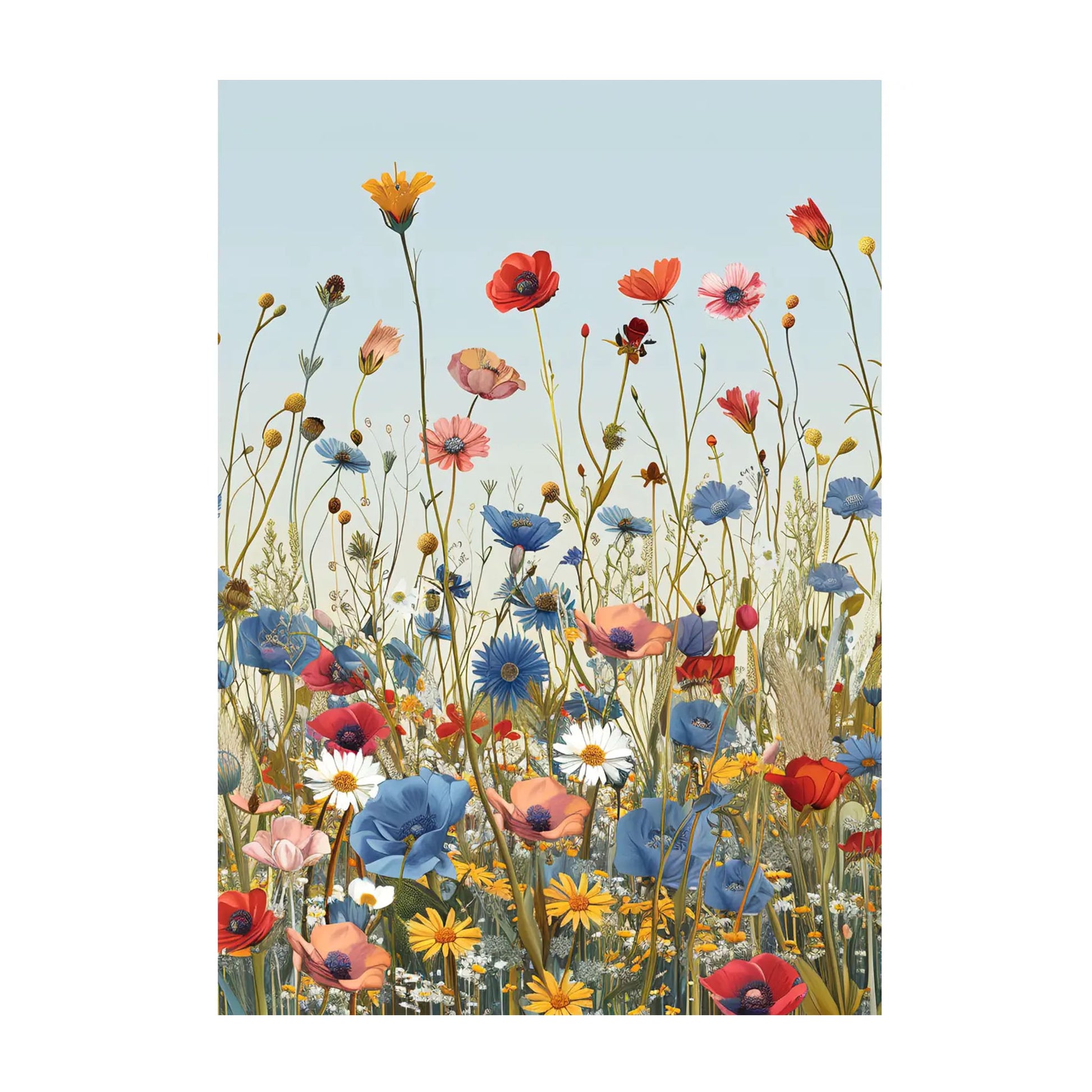 Eine farbenfrohe Wildblumenwiese im Grafikstil vor einem hellblauen, klaren Himmel. Die filigranen Stängel von roten Mohnblumen, blauen Kornblumen und gelben Margeriten ragen elegant in die Höhe.