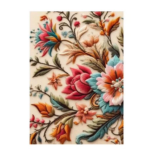 Postkarte Vintage Stickerei mit bunten Blumen und Blättern in Orange, Rot, Blau und Grün auf hellem Stoff