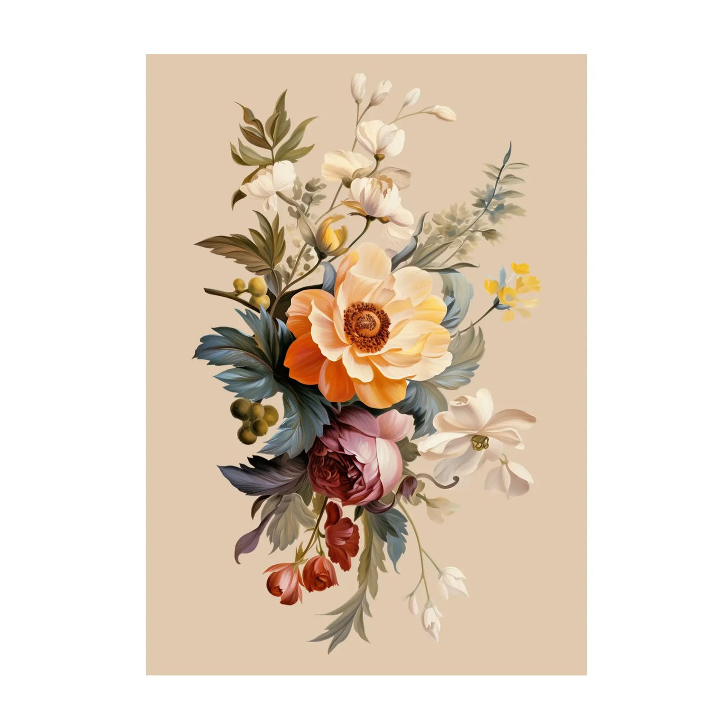 Ein vertikales, kunstvolles Blumenarrangement im klassischen Stil auf einem gleichmäßigen, beigefarbenen Hintergrund. Im Mittelpunkt steht eine große, hellorangefarbene Blüte, umgeben von einer dunkelroten Rose, weißen Blütenzweigen und dunkelgrünem Blattwerk.