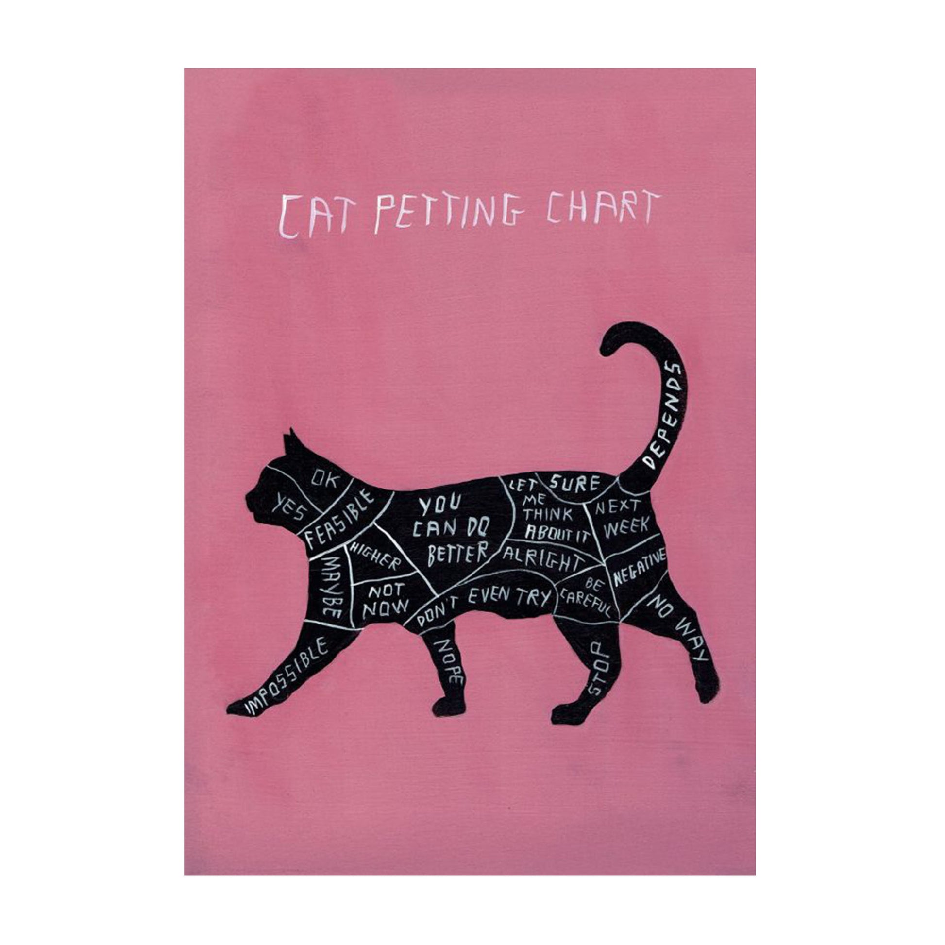 Eine Infografik auf pinkem Hintergrund mit dem Titel „CAT PETTING CHART“. Zu sehen ist die Silhouette einer schwarzen Katze, die in verschiedene Zonen unterteilt ist. Jede Zone ist humorvoll beschriftet, um die Reaktion der Katze auf Berührungen anzuzeigen (z. B. „YES“ am Kopf, „IMPOSSIBLE“ an den Vorderpfoten, „DON'T EVEN TRY“ am Bauch und „DEPENDS“ am Schwanz).