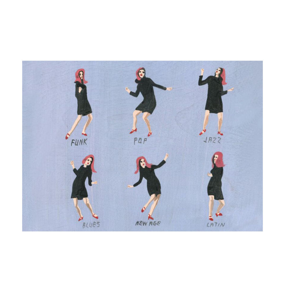Eine Collage aus sechs Darstellungen derselben Frau mit roten Haaren in einem schwarzen Kleid, die jeweils unterschiedliche Tanzposen einnimmt. Unter jeder Figur steht ein Musikgenre: Funk, Pop, Jazz, Blues, New Age und Latin.