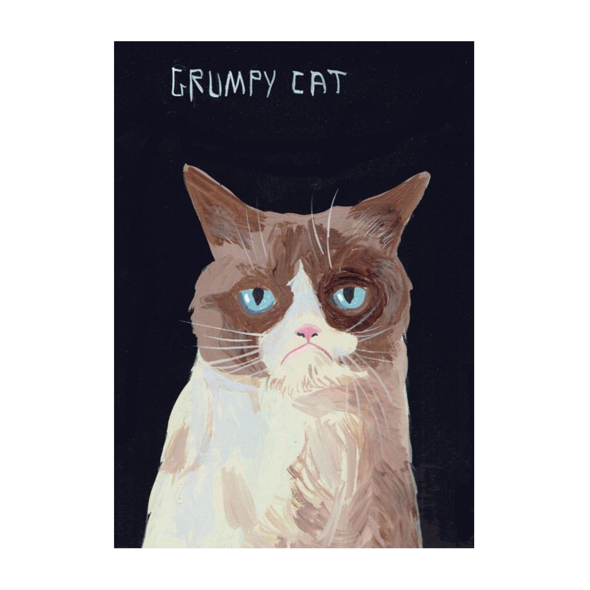 Ein gemaltes Porträt der berühmten „Grumpy Cat“ mit ihrem charakteristischen mürrischen Gesichtsausdruck, blauen Augen und dunklen Fellzeichnungen um die Augen. Am oberen Rand steht in weißen Buchstaben: „GRUMPY CAT“.