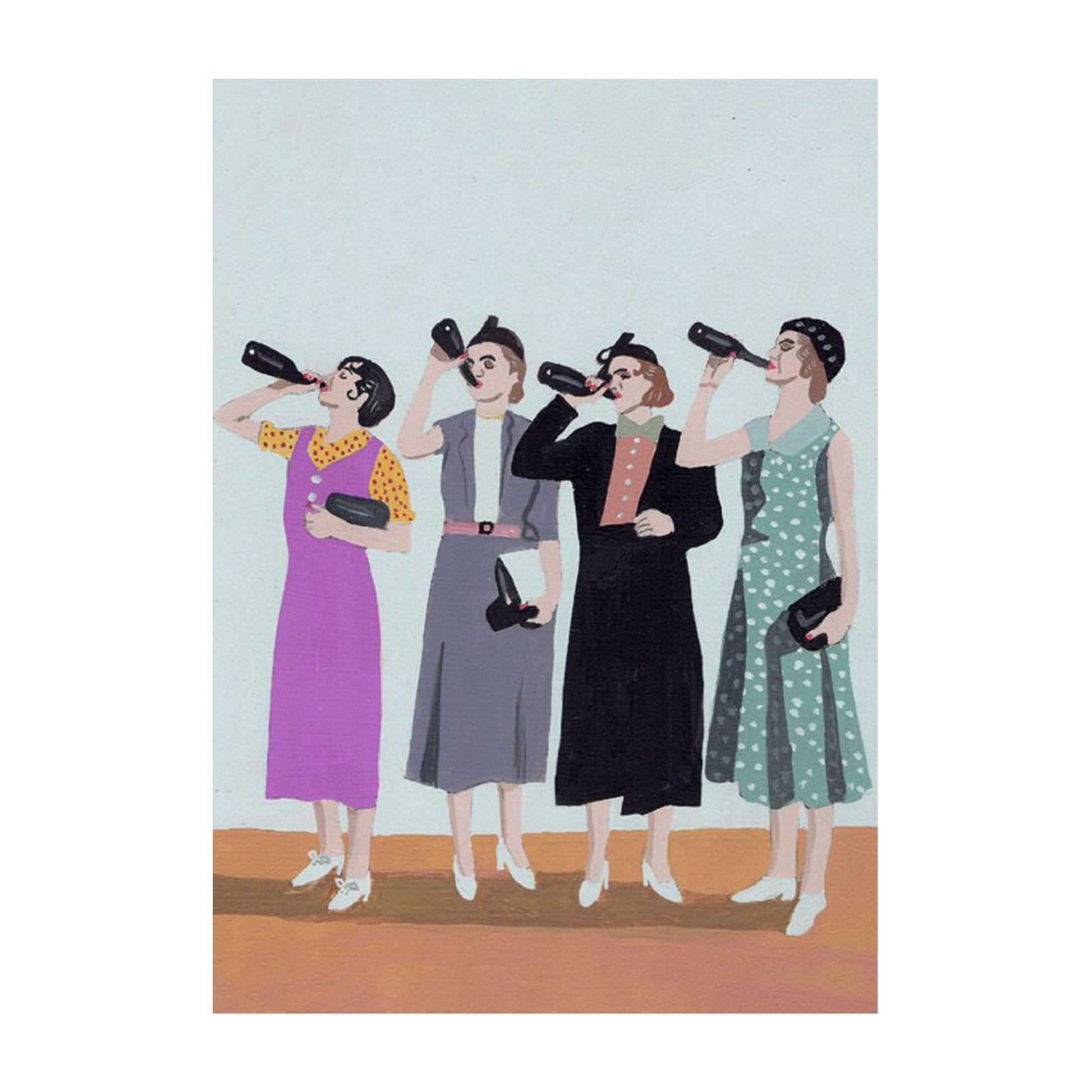 ne Grafik im Vintage-Stil, die vier Frauen in Kleidern der 1940er oder 50er Jahre zeigt. Alle vier halten gleichzeitig eine dunkle Weinflasche an den Mund und trinken daraus. Die Szene wirkt wie ein rebellischer oder humorvoller Moment aus einer vergangenen Ära, dargestellt mit groben Pinselstrichen auf hellem Hintergrund.