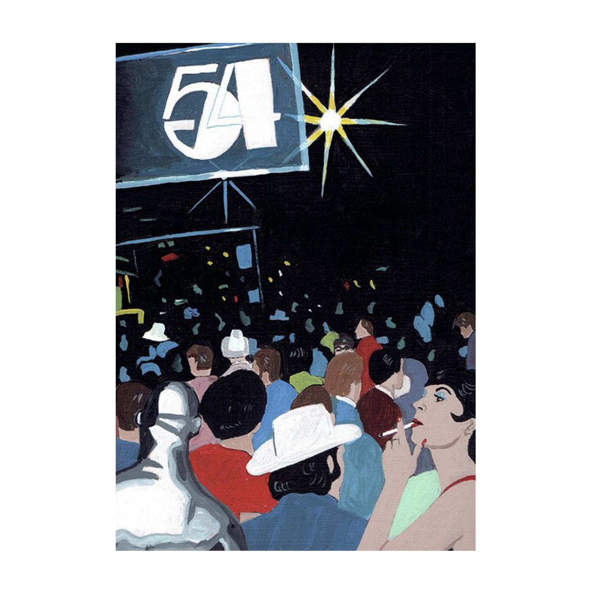 Eine nächtliche Illustration einer dicht gedrängten Menschenmenge vor einem dunklen Hintergrund. Im oberen linken Bereich ist ein großes, leuchtendes Logo mit der Zahl „54“ (Studio 54) zu sehen, daneben ein funkelnder Stern. Im Vordergrund sieht man rechts eine Frau im Profil, die eine Zigarette raucht und blaue Lidschatten trägt. Die Szene fängt die Atmosphäre eines glamourösen, verrauchten Nachtclubs ein.