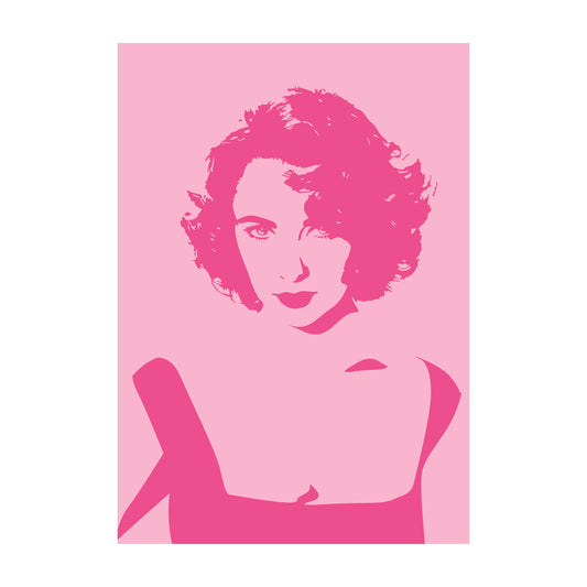 Elizabeth Taylor Postkarte in zwei fluoreszierenden Pink-Tönen.