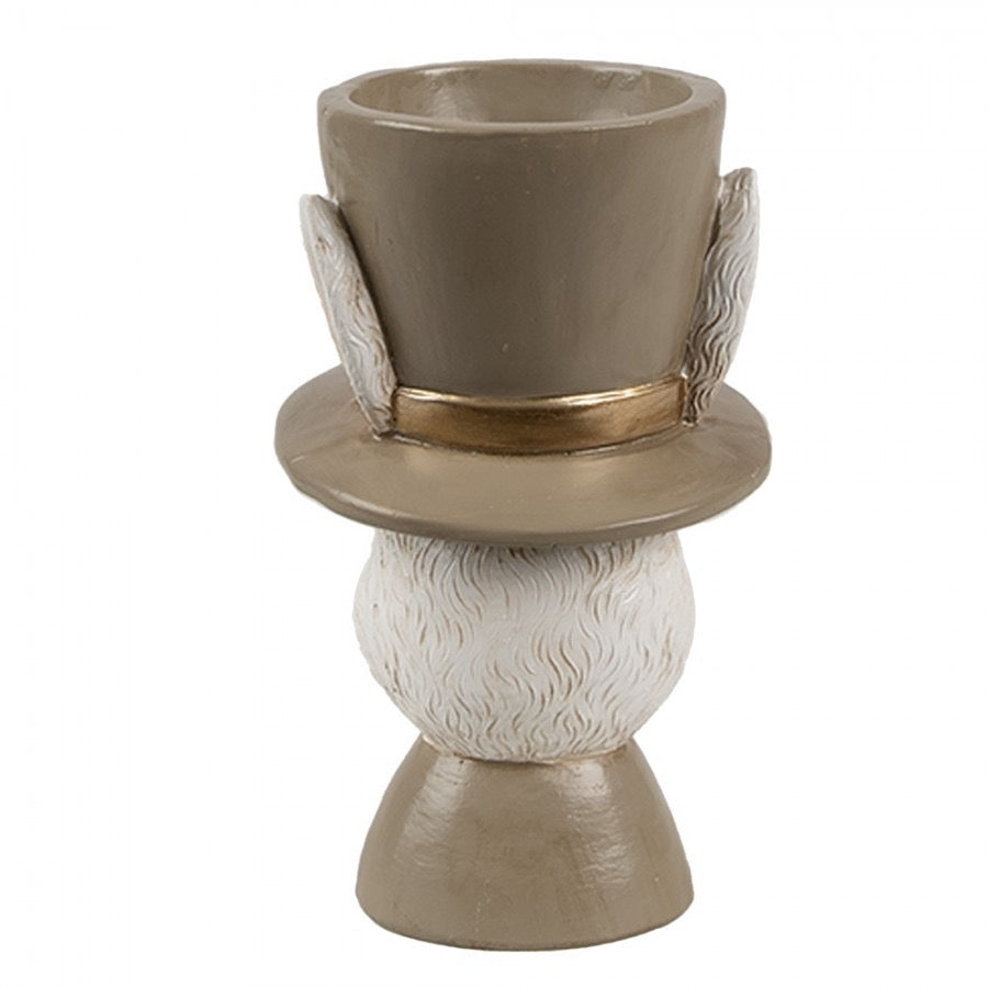 Rückseite des Hasen-Eierbechers mit Fokus auf die weiße Fellstruktur und den Zylinder-Halter.