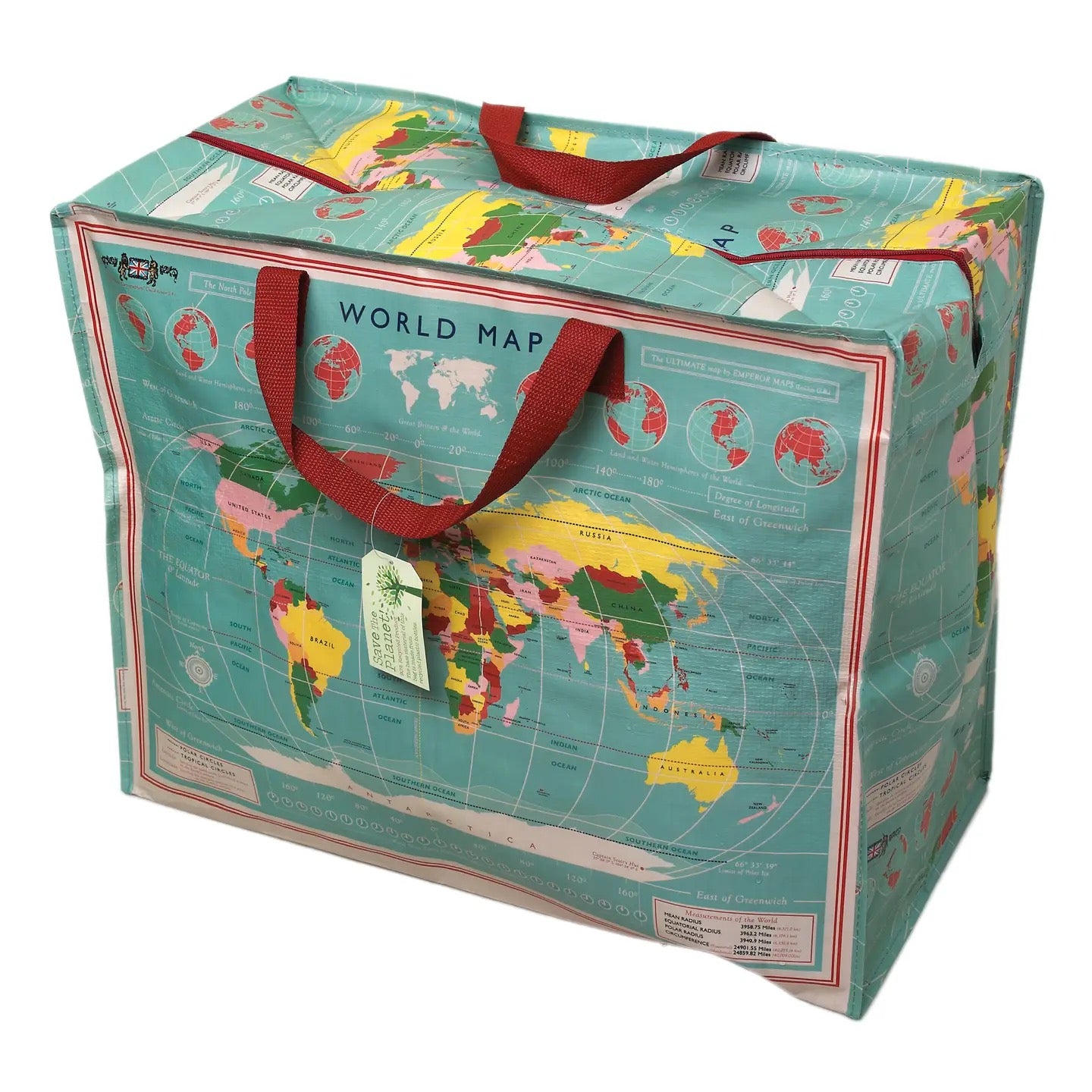 Eine vollgepackte, rechteckige Jumbo-Aufbewahrungstasche von Rex London, bedruckt mit einer antiken Weltkarte im Vintage-Stil. Der Hintergrund ist türkisblau, die Kontinente sind in Gelb-, Rosa- und Grüntönen gehalten, beschriftet mit „WORLD MAP“. Die Tasche hat zwei breite, dunkelrote Tragegurte und einen passenden Reißverschluss. Ein rechteckiges Schildchen mit der Aufschrift „Save the Planet“ hängt am Griff.