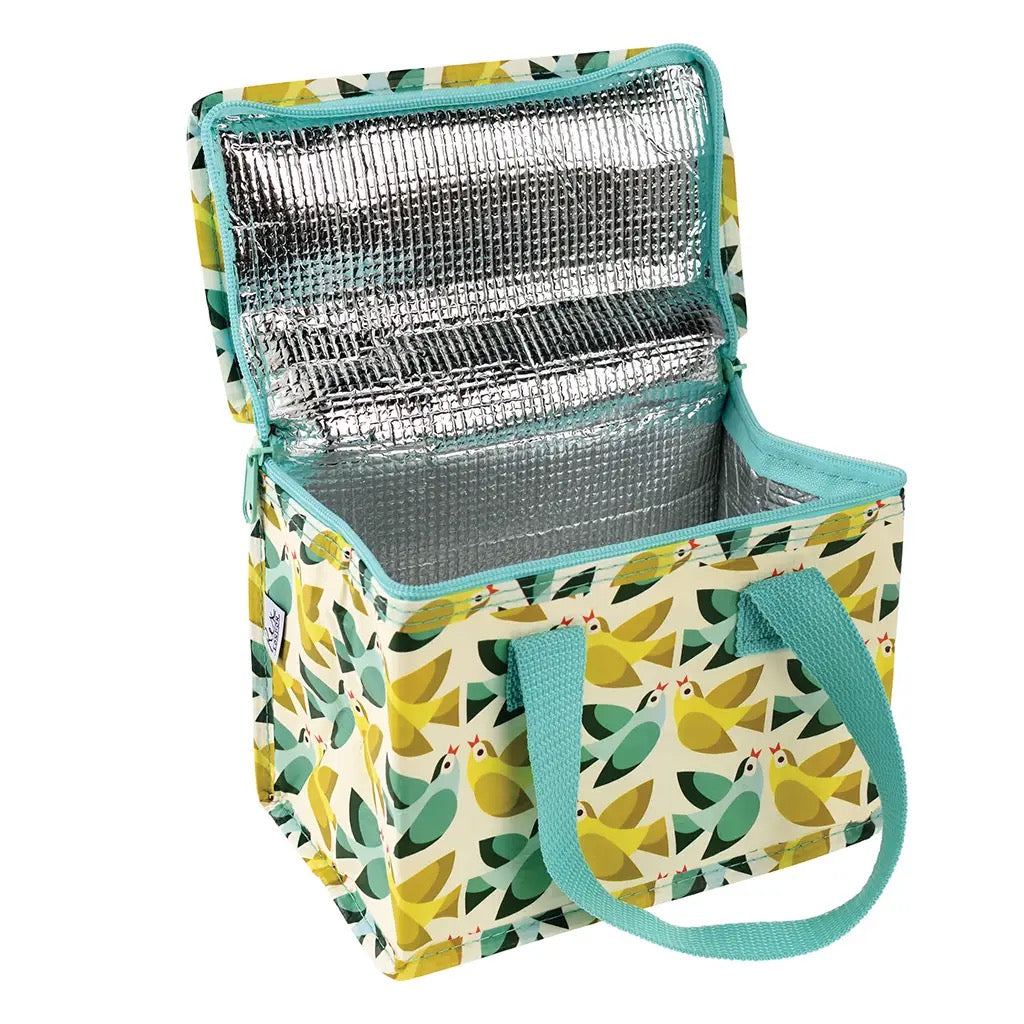 Geöffnete Thermo-Lunchtasche von Rex London mit buntem Vogel-Muster, türkisfarbenem Reißverschluss und silberner Isolierung.