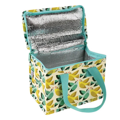 Geöffnete Thermo-Lunchtasche von Rex London mit buntem Vogel-Muster, türkisfarbenem Reißverschluss und silberner Isolierung.