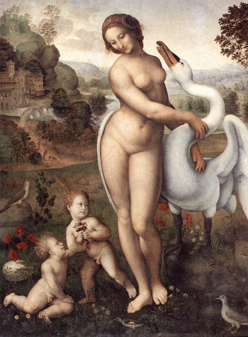 Renaissance-Gemälde „Leda mit dem Schwan“ nach Leonardo da Vinci. Eine nackte, stehende Frau blickt lächelnd nach unten und umarmt einen großen weißen Schwan. Links von ihr spielen zwei kleine, nackte Kinder (Putten) auf einer Wiese mit roten Blumen. Im Hintergrund erstreckt sich eine hügelige Flusslandschaft mit Bäumen und einer Festung unter einem hellen Himmel.