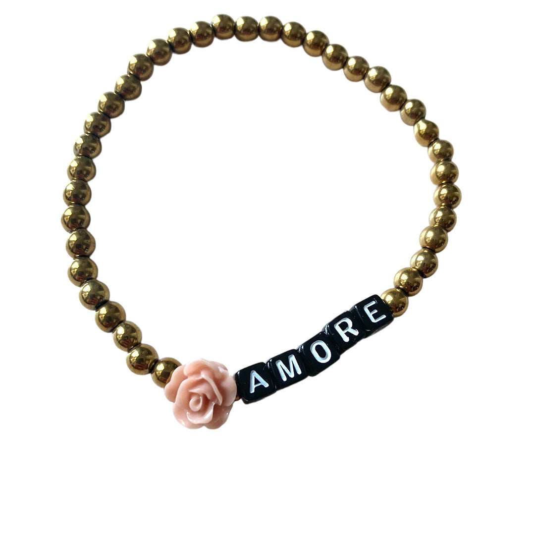 AMORE - Statement-Armband mit Goldperlen und Rosen-Detail | Schwarz-Weiß | 17,5 cm