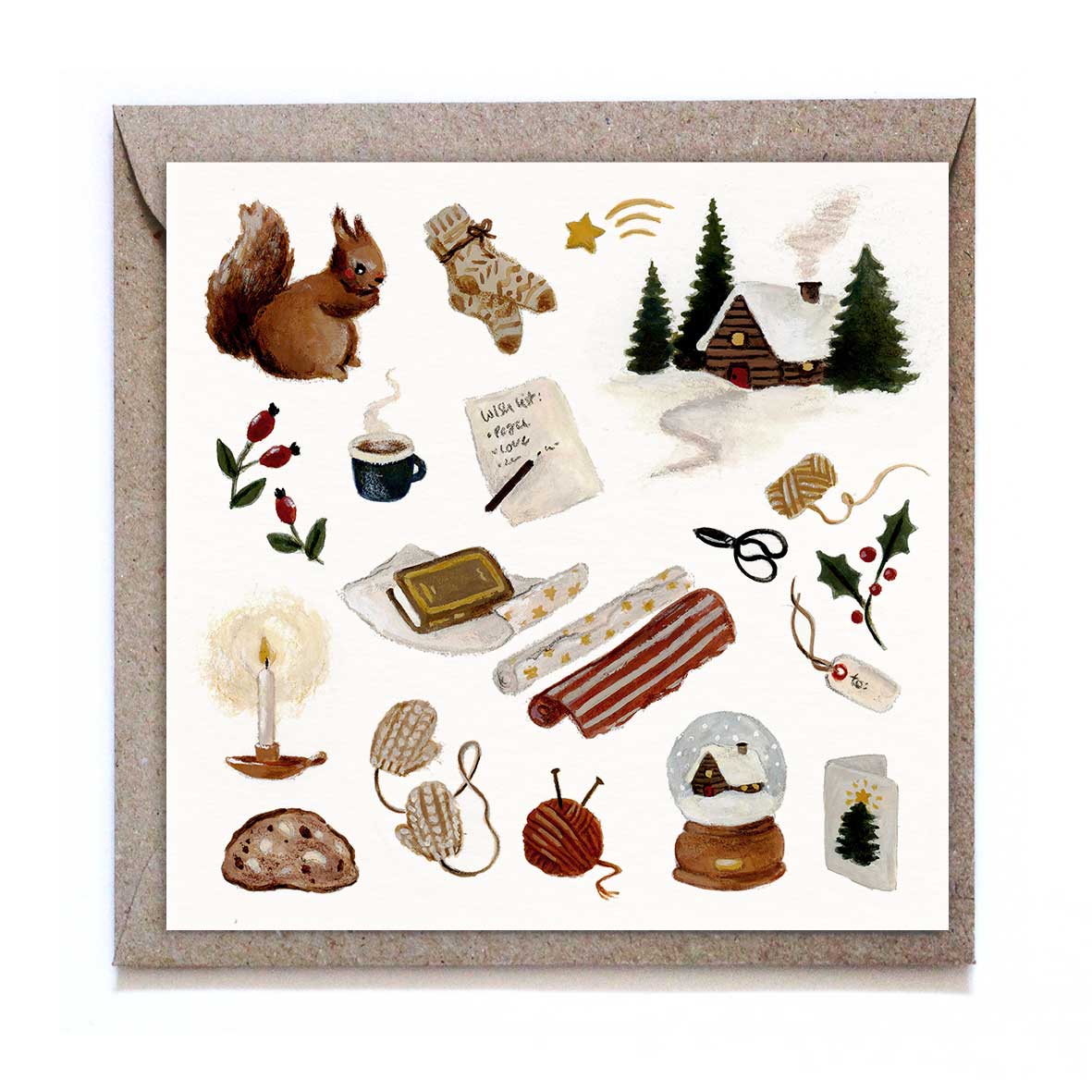 Studio Satsch Grußkarte mit Motiven zum Geschenkeeinpacken: Geschenkpapier-Rollen, Wolle, Schere, Fäustlinge, Wunschzettel, Eichhörnchen und eine verschneite Blockhütte im Wald.