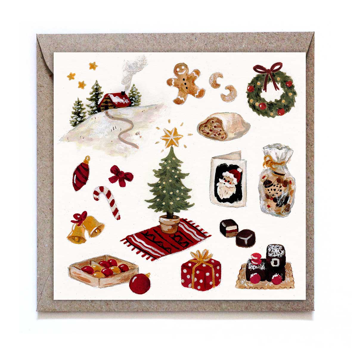 Studio Satsch Weihnachtskarte mit festlichen Motiven: Geschmückter Weihnachtsbaum, Geschenke, Christstollen, Lebkuchenmann, Weihnachtskranz, Glocken und eine verschneite Hütte.