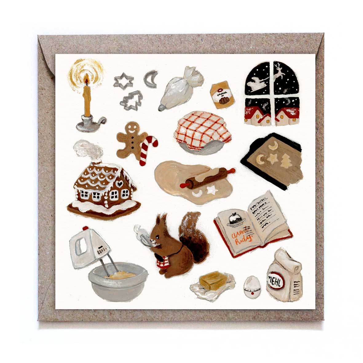 Quadratische Studio Satsch Grußkarte mit Weihnachtsbäckerei-Motiven: Eichhörnchen mit Schürze, Lebkuchenhaus, Handmixer, Teig mit Nudelholz, Mehl, Rezeptbuch und Blick aus dem Fenster auf den Weihnachtsmann.