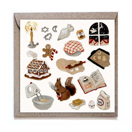 Quadratische Studio Satsch Grußkarte mit Weihnachtsbäckerei-Motiven: Eichhörnchen mit Schürze, Lebkuchenhaus, Handmixer, Teig mit Nudelholz, Mehl, Rezeptbuch und Blick aus dem Fenster auf den Weihnachtsmann.