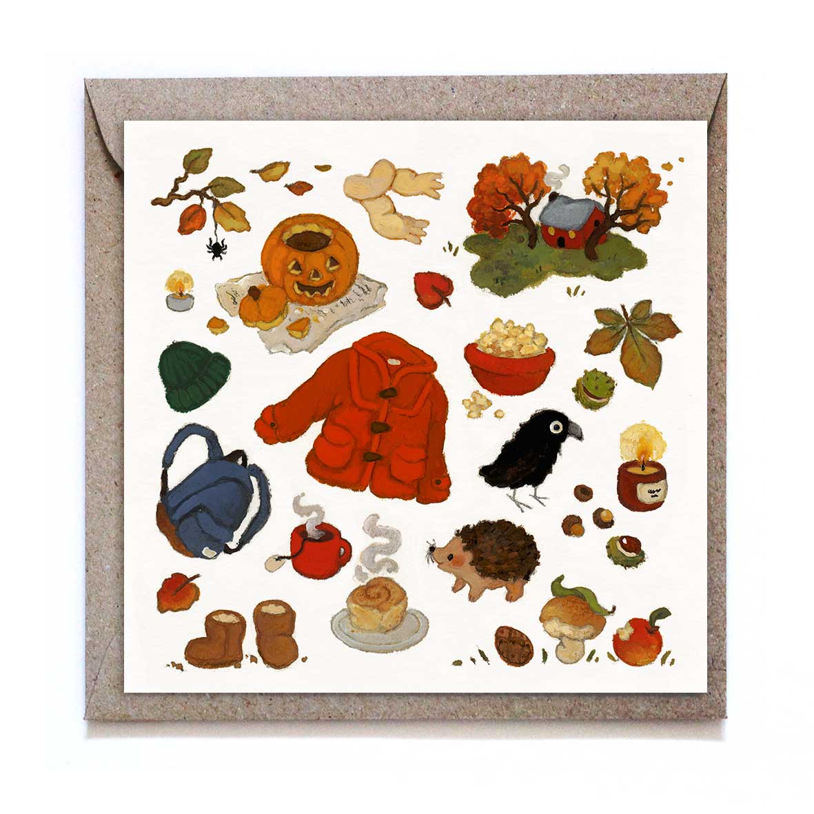 Herbstliche Grußkarte von Studio Satsch mit gemalten Motiven: Halloween-Kürbis, rote Winterjacke, kleiner Igel, Rabe und Zimtschnecke.