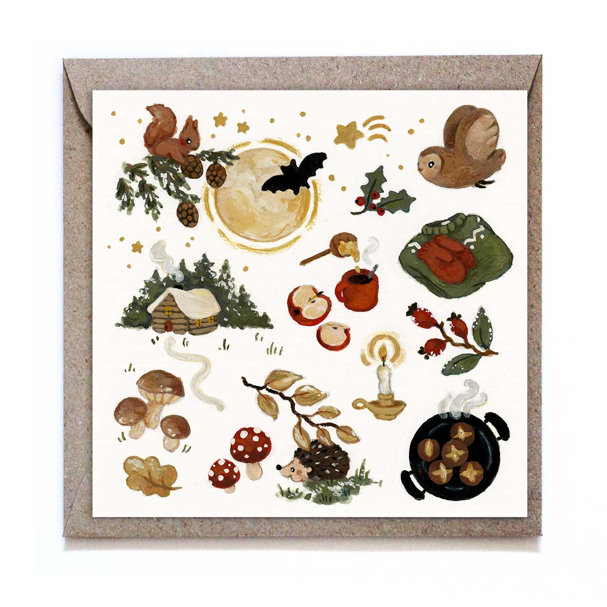 Quadratische Studio Satsch Grußkarte mit Nacht-Illustrationen: Vollmond mit Fledermaus, Eule, Eichhörnchen, Igel, Fliegenpilze, Waldhütte im Schnee, brennende Kerze und geröstete Maronen.