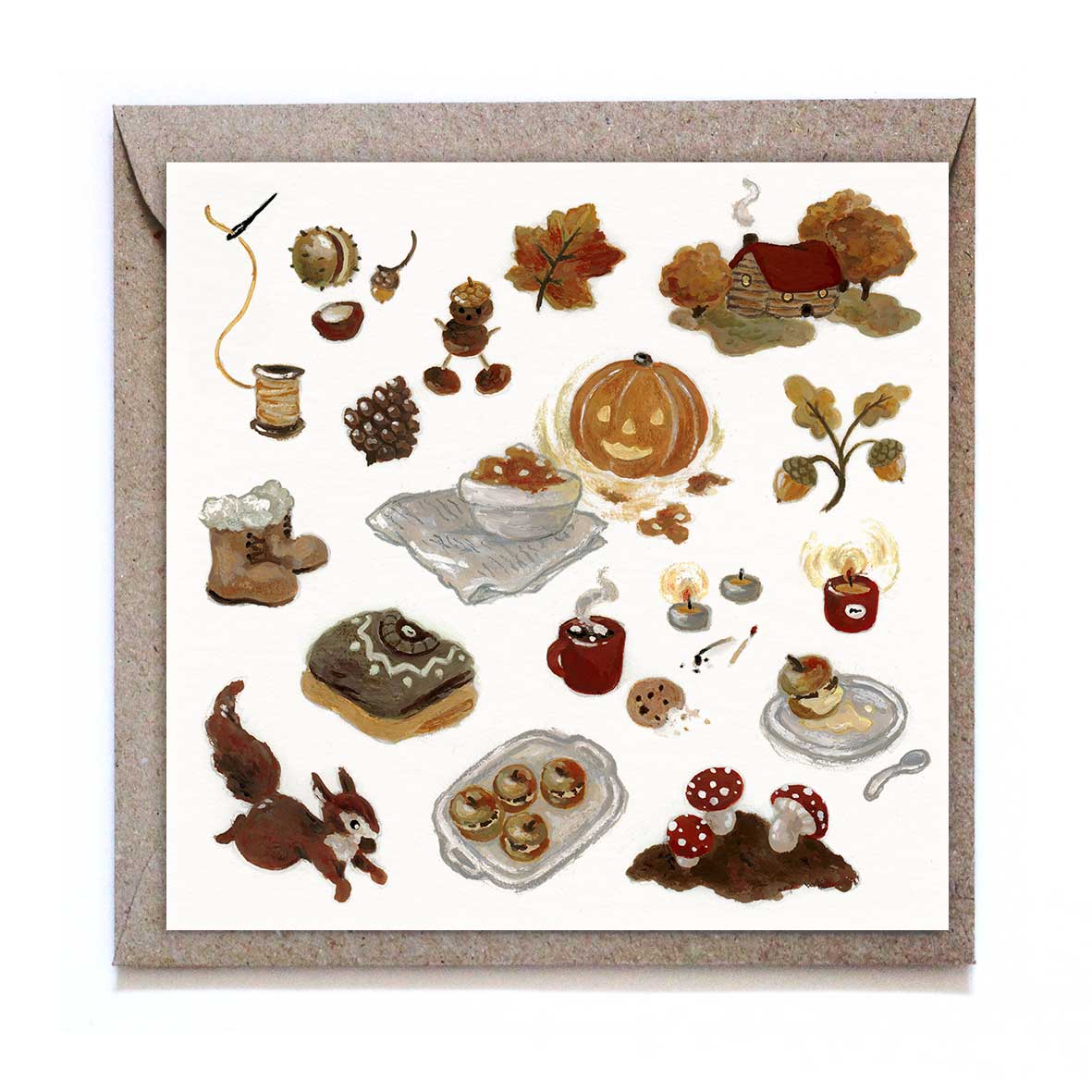 Studio Satsch Klappkarte mit Spätherbst-Illustrationen: Waldhütte, rennendes Eichhörnchen, Fliegenpilze, Kastanien und Bratäpfel auf weißem Grund.
