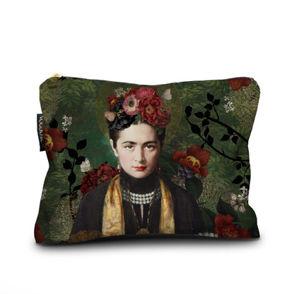 Kosmetiktasche mit Abbild einer Frau, Blumenmuster und schwarzem Zweig auf grünem Hintergrund