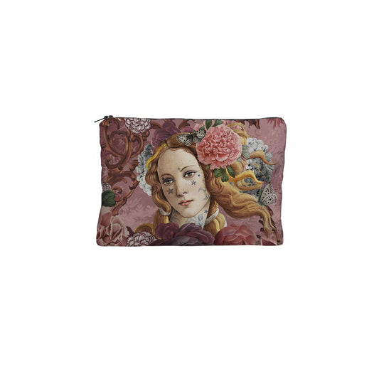 Voglio Bene kleine Geldbörse aus Canvas mit dem Kunstmotiv der Venus. Abgebildet ist das Gesicht einer klassischen Renaissance-Frau mit Gesichtstattoos, Schmetterlingen und großen rosa Pfingstrosen im Haar vor einem altrosa Hintergrund.