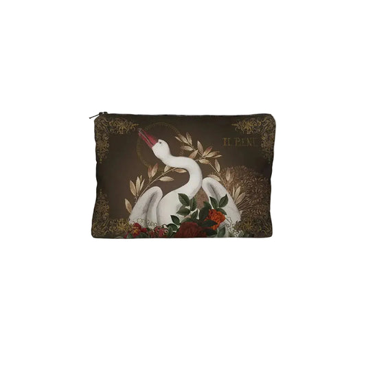 Voglio Bene Portemonnaie aus Canvas-Stoff mit dem Motiv Il Bene. Das Design zeigt einen eleganten weißen Schwan inmitten von Blüten, Blättern und goldenen Mustern im barocken Street-Art-Stil.