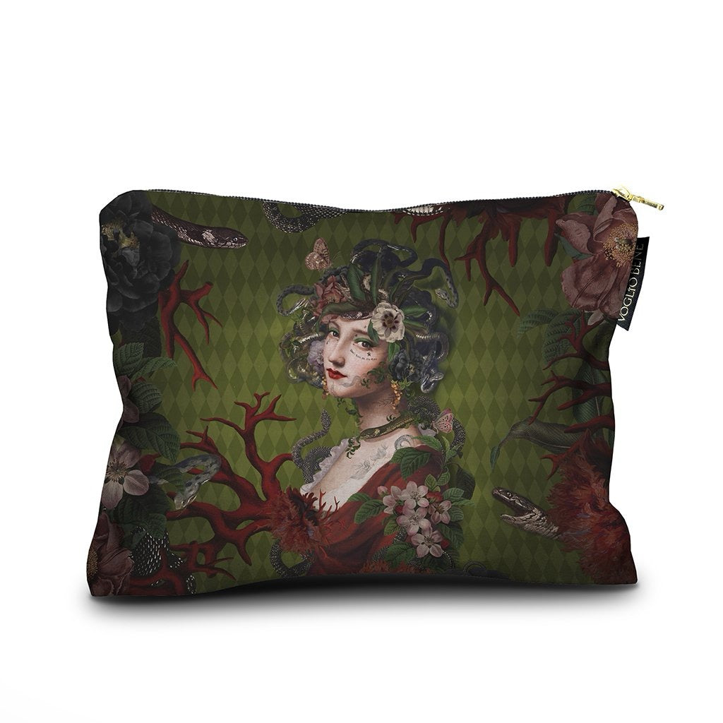 Kosmetiktasche mit Medusa-Motiv, grünem Hintergrund, roten Ästen, Schlangen und Blumen, Reißverschluss oben