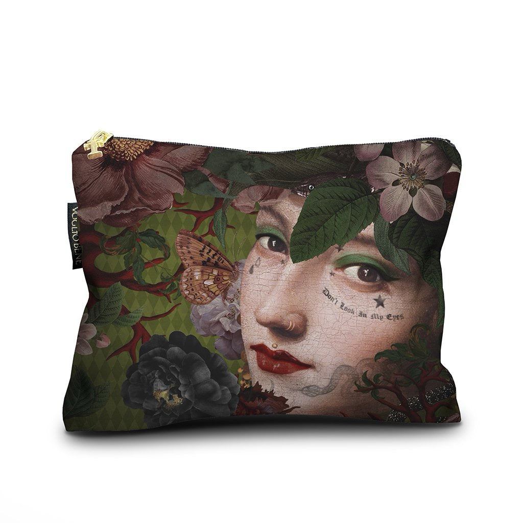 Kosmetiktasche mit Medusa-Motiv, grünem Hintergrund, roten Ästen, Schlangen und Blumen, Reißverschluss oben