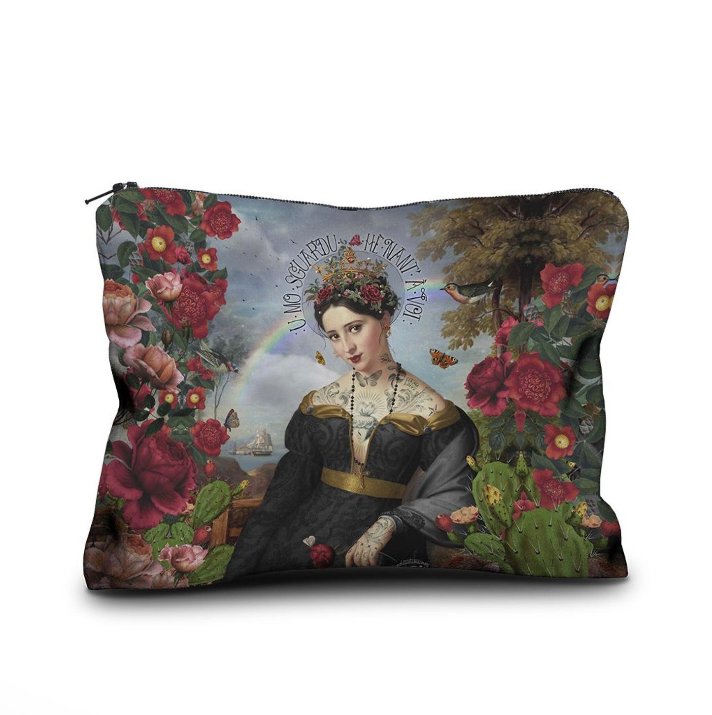 Kosmetiktasche mit Renaissance-Porträt einer Frau in schwarzem Kleid, umgeben von roten und rosa Blumen, Schmetterlingen und einem Regenbogen im Hintergrund