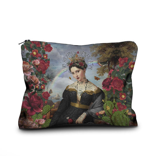 Kosmetiktasche mit Renaissance-Porträt einer Frau in schwarzem Kleid, umgeben von roten und rosa Blumen, Schmetterlingen und einem Regenbogen im Hintergrund