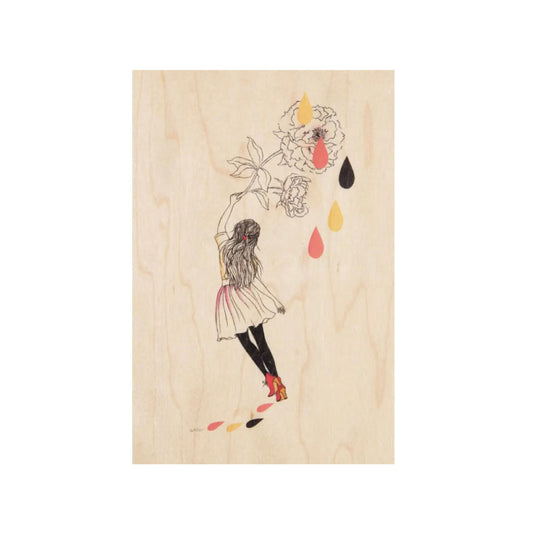 Eine zarte Linienzeichnung auf Holz, die ein Mädchen von hinten zeigt, das einen riesigen Strauß Pfingstrosen hält. Bunte Tropfen in Gelb, Rosa und Schwarz schweben wie Blütenblätter um sie herum.