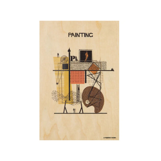 Eine abstrakte, architektonische Komposition mit dem Titel „PAINTING“. Die Grafik kombiniert geometrische Formen, Linien und Symbole (wie eine Farbpalette) in Gelb, Schwarz und Terrakotta auf einer hellen Holzfläche.