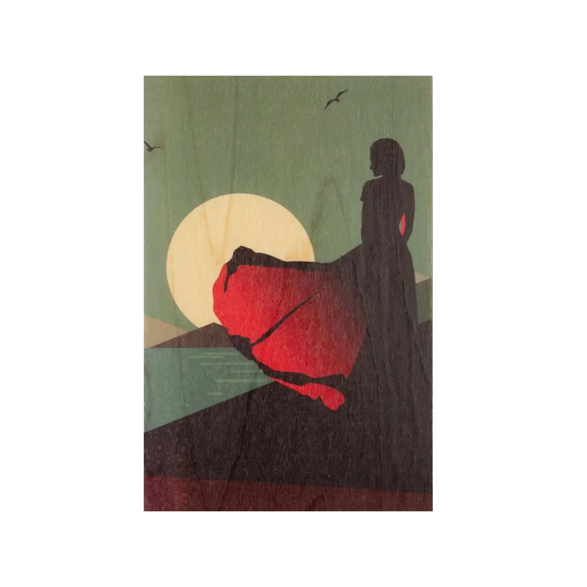 Eine stimmungsvolle Silhouette einer Frau in einem wehenden roten Kleid. Sie steht vor einer großen, hellen Sonne an einer Küste, während kleine Vögel durch den grünlichen Himmel fliegen.