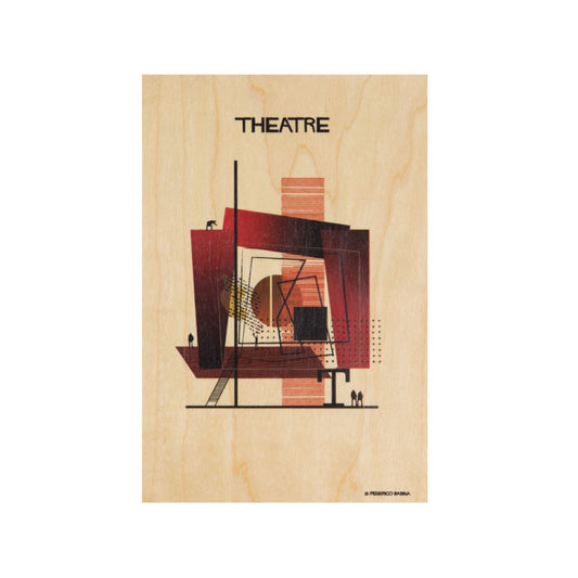 Eine abstrakte, architektonische Komposition mit dem Titel „PAINTING“. Die Grafik kombiniert geometrische Formen, Linien und Symbole (wie eine Farbpalette) in Gelb, Schwarz und Terrakotta auf einer hellen Holzfläche.