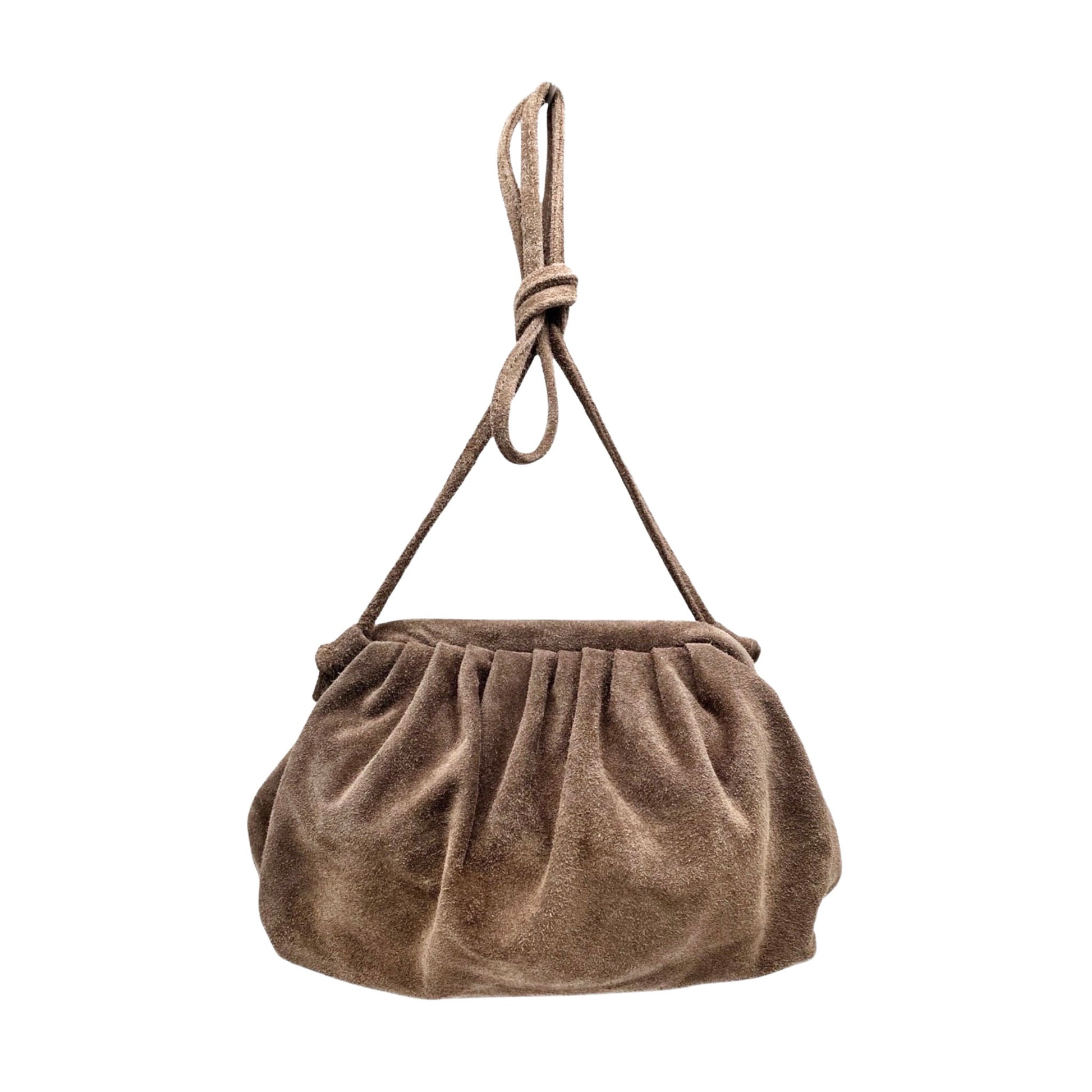 Elegante, graue Beuteltasche aus Samt-Wildleder mit geraffter Frontpartie und seitlichem Knoten-Detail.